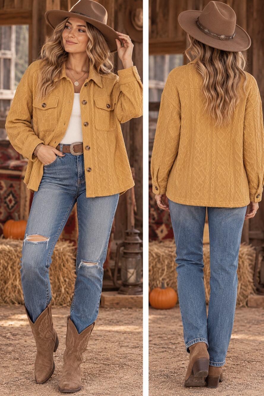 New In Mustard Yellow Cable Knit Soft Shacket Women’s Size Large Fall